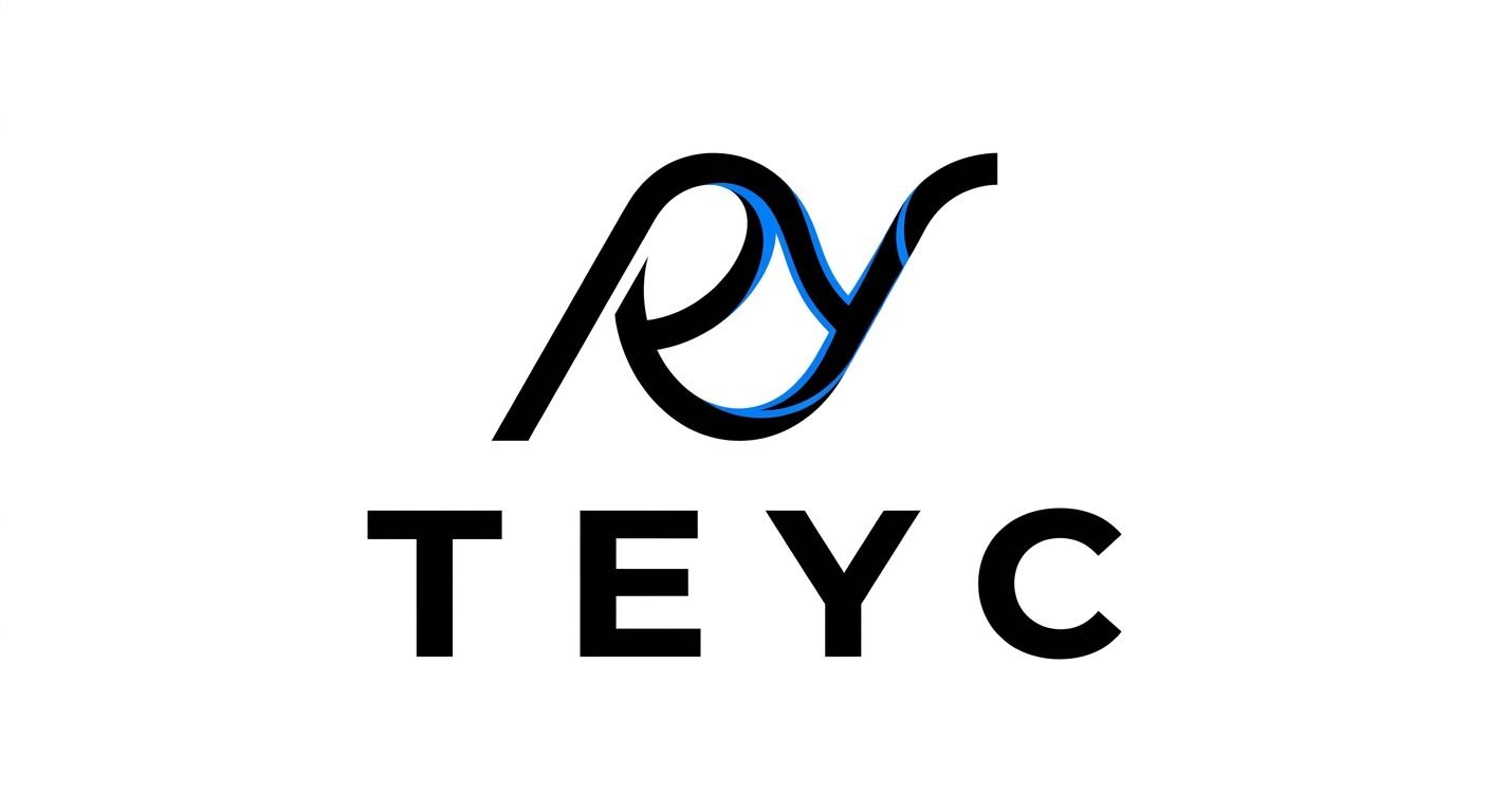 TEYC monogram: flowing script ligature above engineered capitals